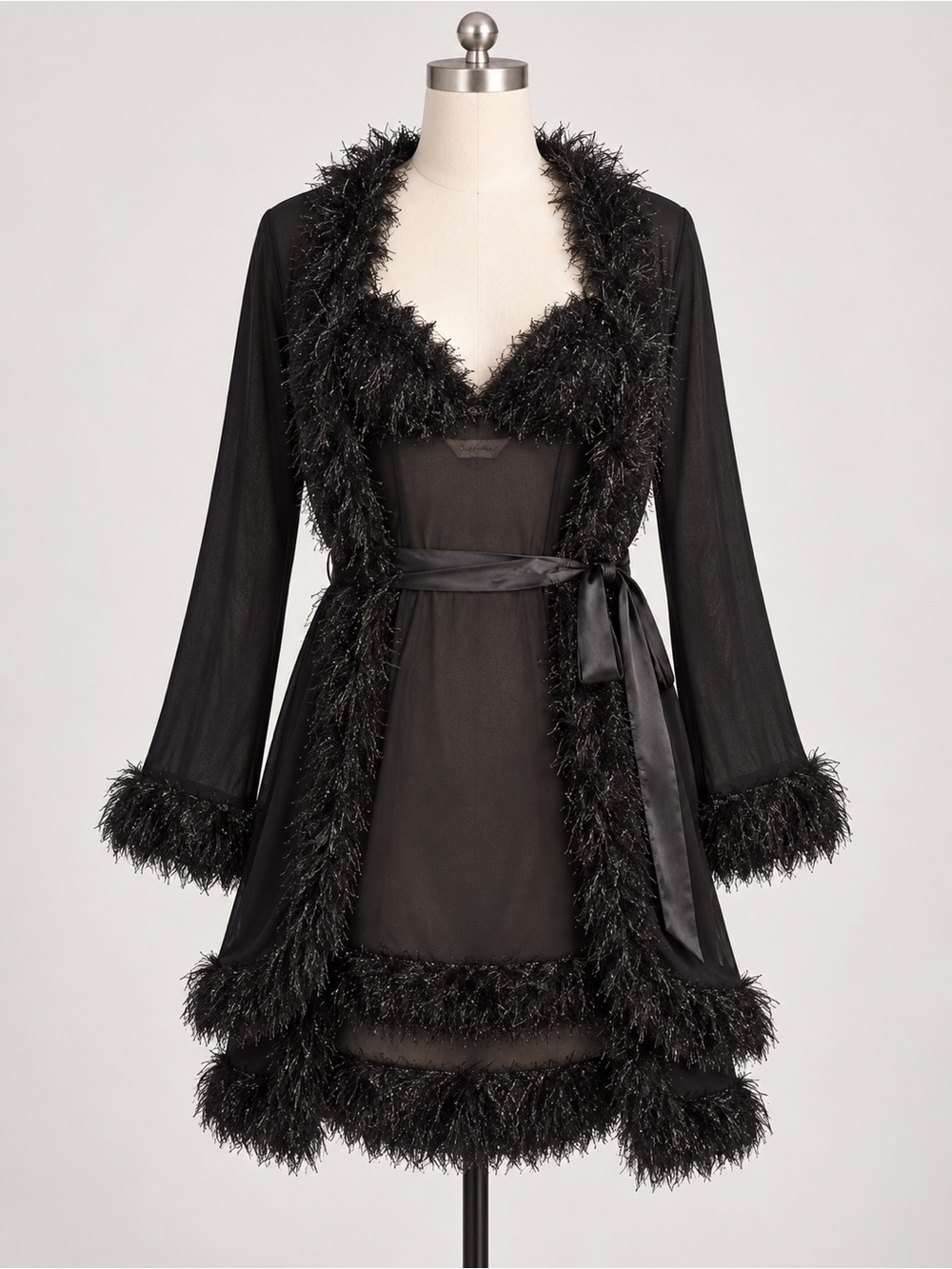 Sheer Feather-Trim Robe & Chemise Set - Black